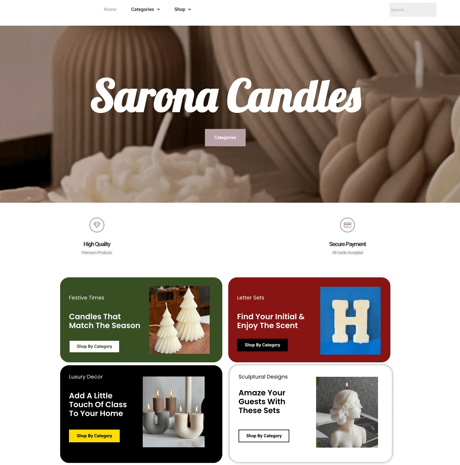 Sarona Candles website, built by Da Silva Media